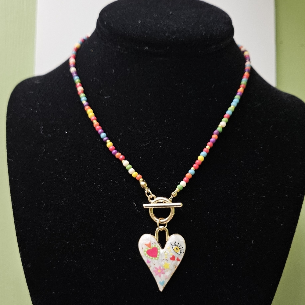 SOLD OUT Enamel Heart Multi-color Beaded Necklace - Picture 5 of 9